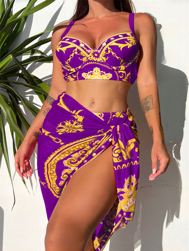 2025 Retro Print Mesh Tie Three-Piece Bikini Set European Style