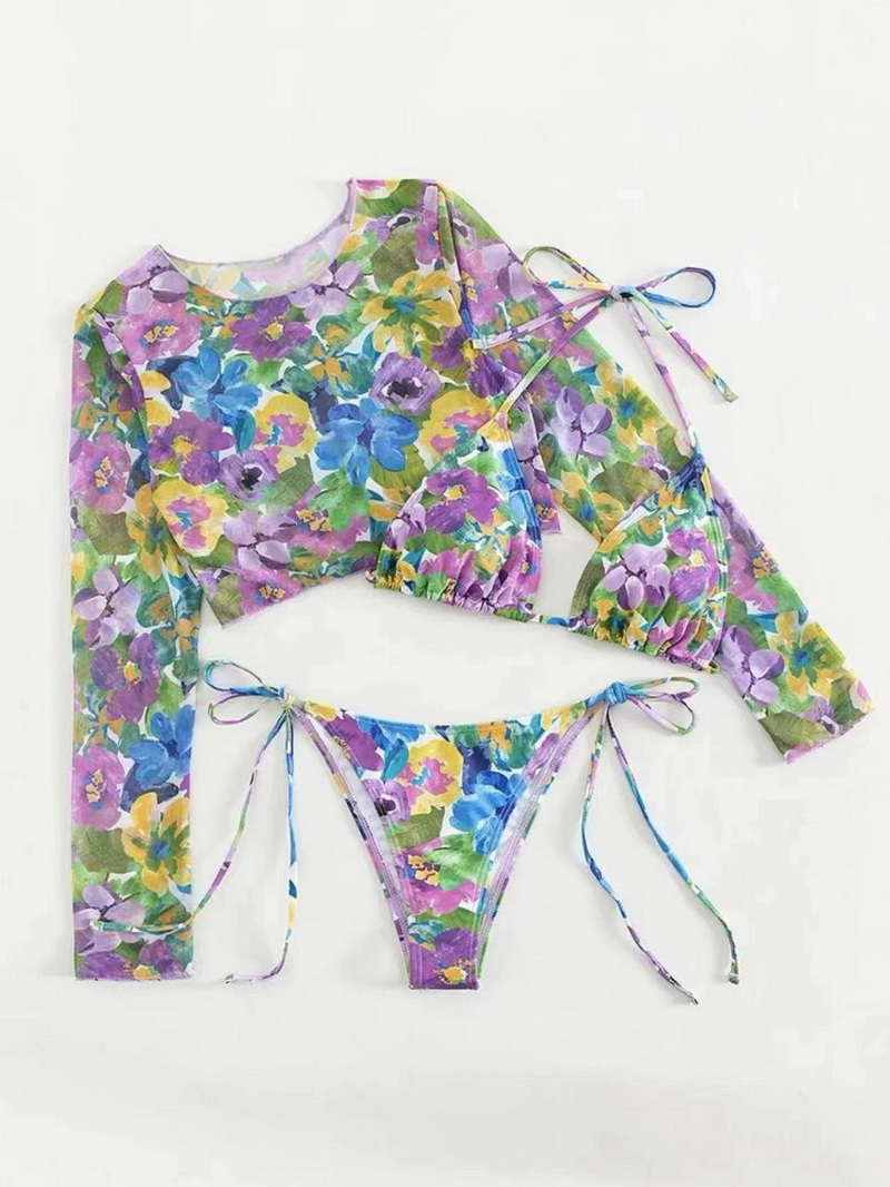 Sexy Three-Piece Long Sleeve Mesh Bikini Set - Sun Protection Beachwear