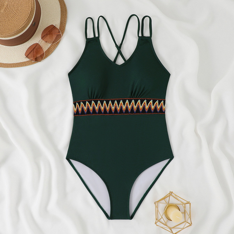 2025 One-Piece Swimsuit With Panel Straps And Ribbed Fabric In Solid Color European Style_15