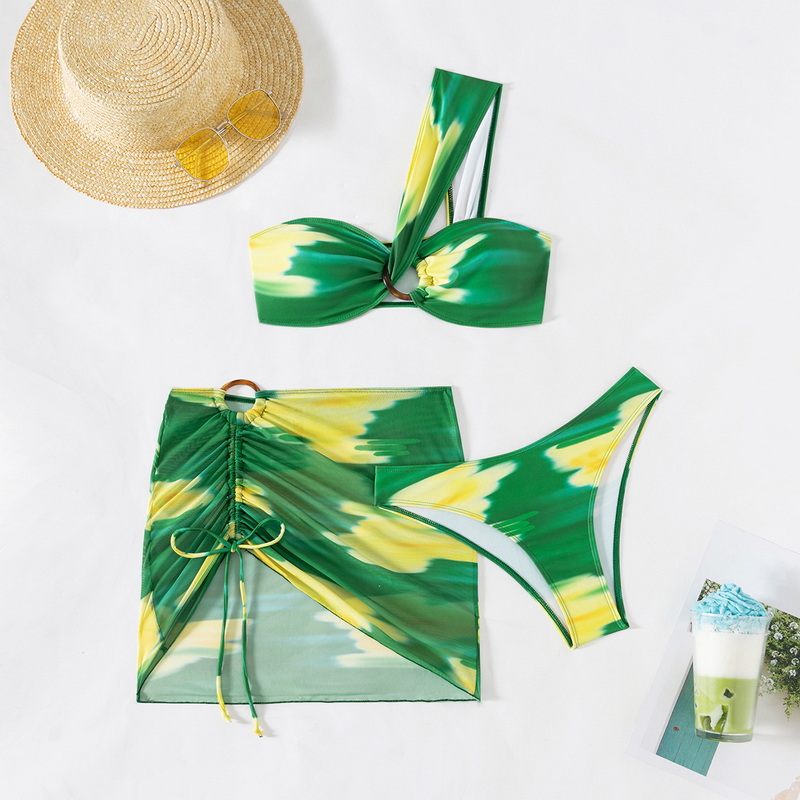 Custom 2025 New Print Mesh Skirt Bikini Set With Sexy One-Shoulder Bandeau Design_03