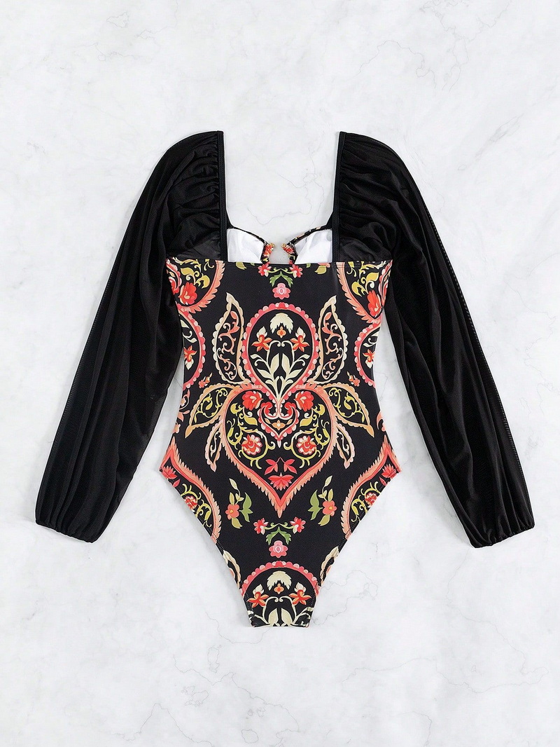 2025 New Tummy Control Long Sleeve Strapless Printed One-Piece Swimsuit for Women