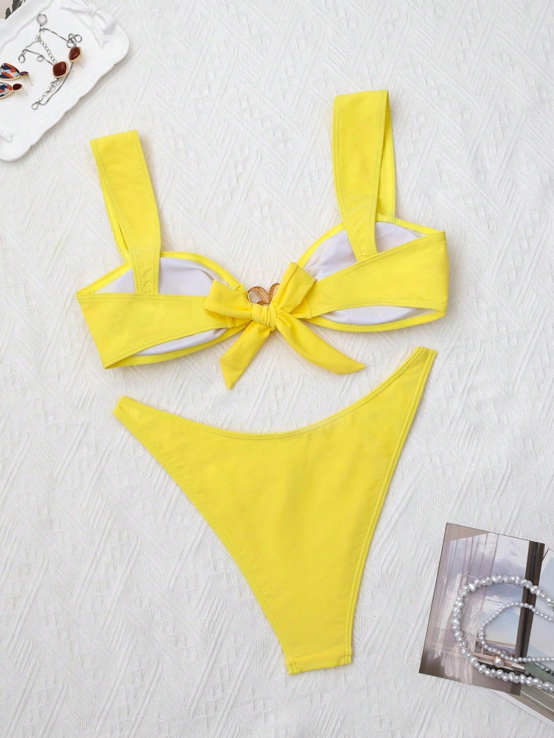 2025 New Metal Detail Two-Piece Bikini Set Solid Color Wide Strap Sexy Swimwear_08