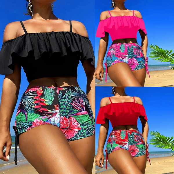 2025 New European and American Two-Piece Bikini Set Off-Shoulder High-Waist Printed Swimsuit