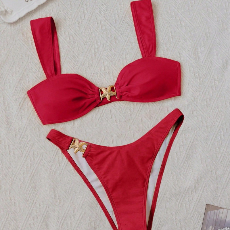 2025 New Metal Detail Two-Piece Bikini Set Solid Color Wide Strap Sexy Swimwear
