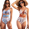 2025 New Geometric Print Patchwork One-Piece Swimsuit With Tie Detail