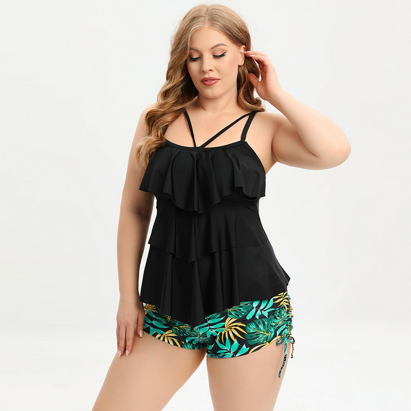 New European Plus Size Women's Swimsuit Ruffle Two-Piece Conservative Swimwear_01