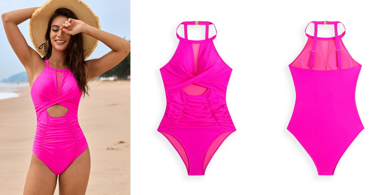 2025 New Solid Mesh Patchwork Twist Cross One-Piece Swimsuit Exclusive Swimwear_14
