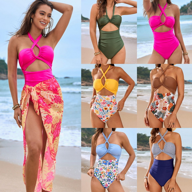 2025 New Tie Halter One-Piece Swimsuit Two-Piece Set Hot-Selling Swimwear