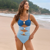 2025 New Solid Patchwork Metal Buckle One-Piece Swimsuit European Style