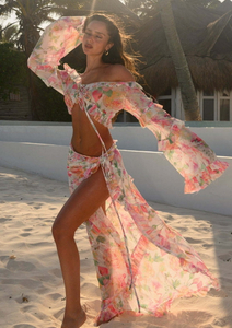 Sexy Floral Tie-Up Beach Skirt Set With Lace Trim Maxi Dress