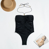 Glossy Nylon Ruched One-Piece Swimsuit With Tie-Up Design Sexy Fit
