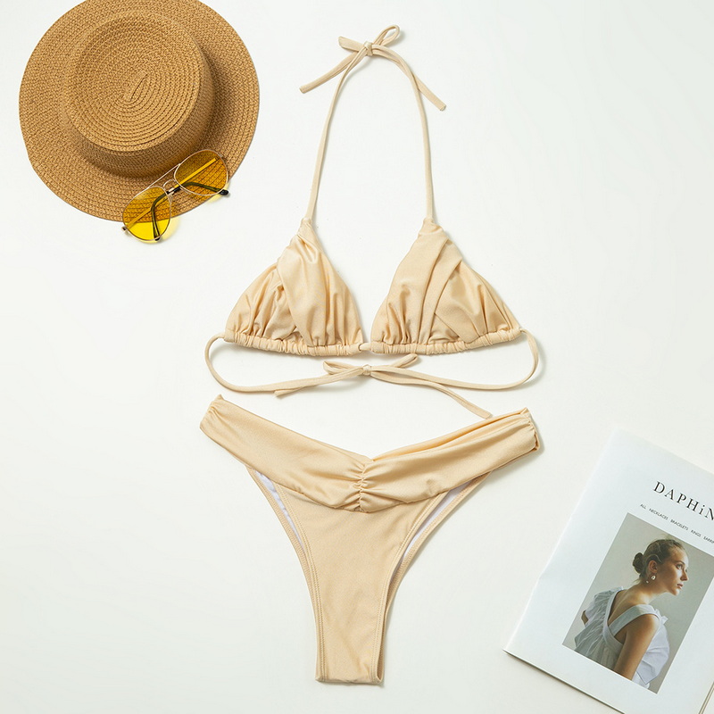 Solid Color Nylon Bikini Set For Women Sexy Tie-Up Ruched High-Waist Design_04
