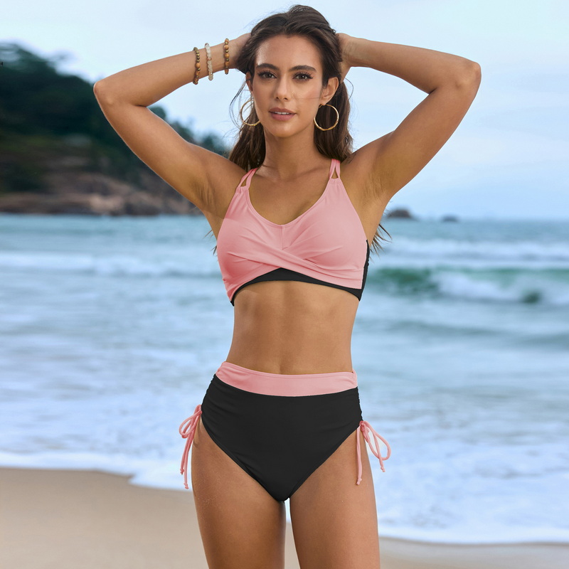 2025 New Solid Patchwork Crisscross Tie Bikini Set Women's Bikini Swimwear