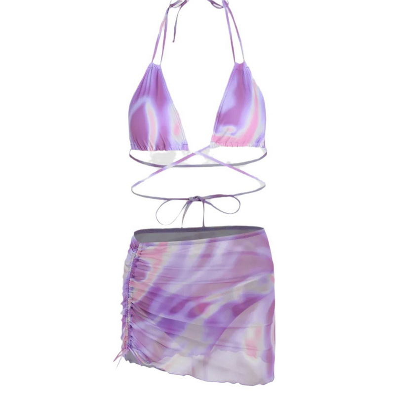 Sexy Three-Piece Mesh Skirt Bikini Set - Tie-Up Women's Swimwear
