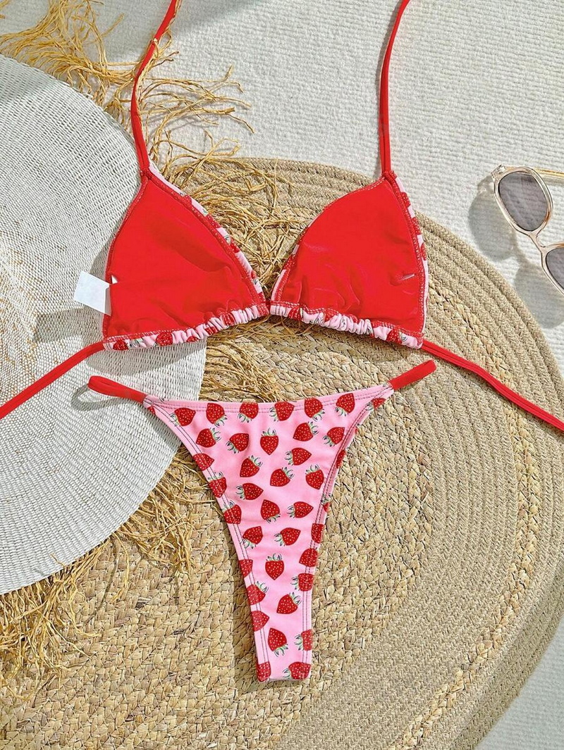 New Western Style Bikini – Strawberry Print Triangle Backless Swimwear for a Slimming Look
