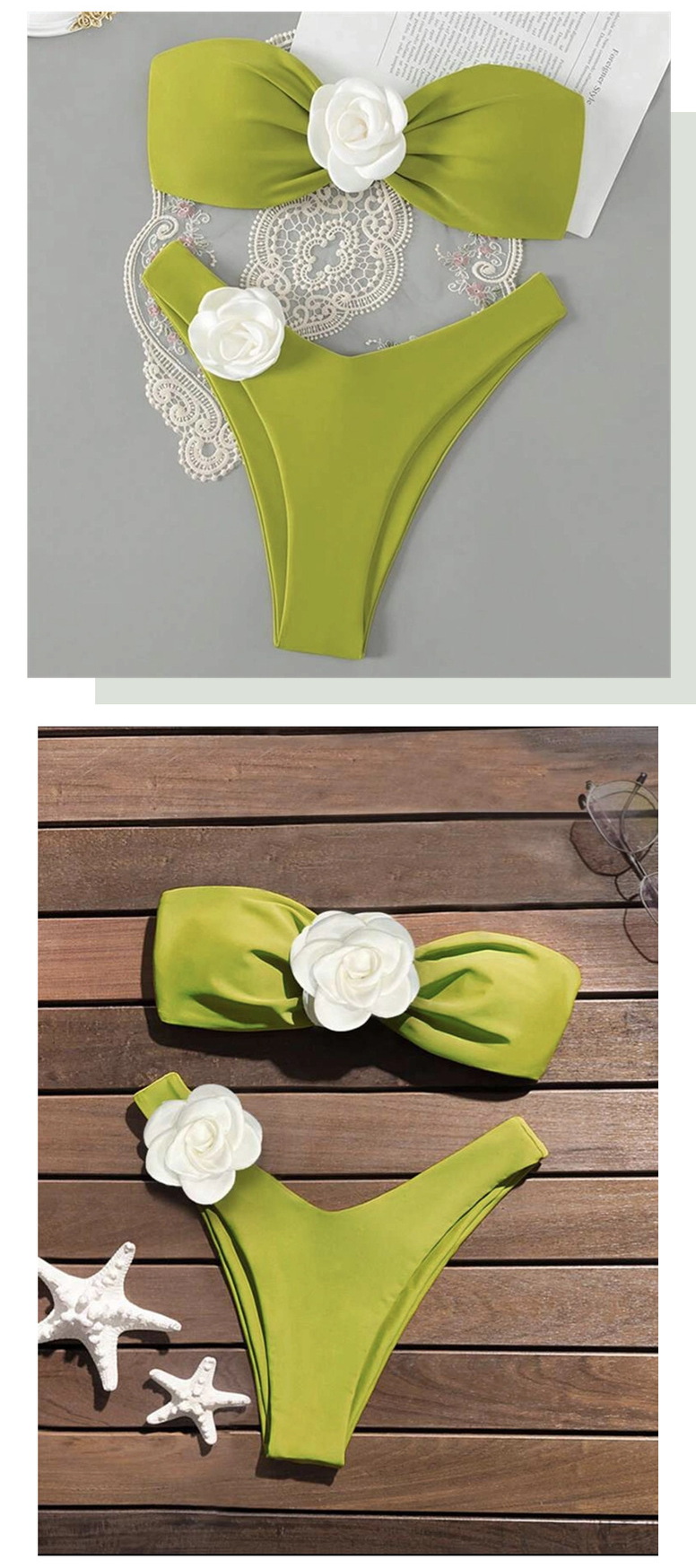 Sexy Solid Color Floral Bandeau Halter Bikini - Two-Way Wear Design_10