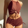 2025 New European Bikini With Boyshorts, High Neck Halter, And Front Tie Design