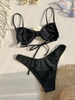 New European Bikini With Sexy 3D Floral Bandeau And High Slit Solid Swimsuit