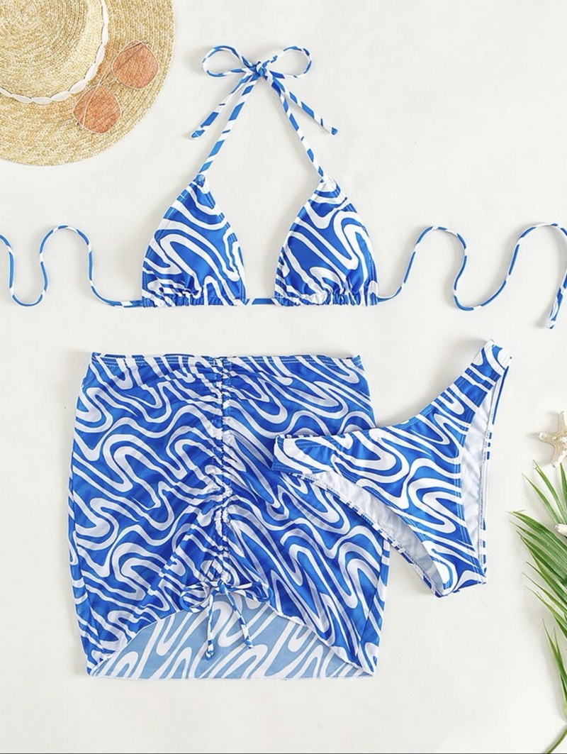 All-Over Print Triangle Bikini Set - Spaghetti Strap with Beach Skirt
