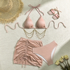 High-Waist Three-Piece Bikini Set - Tie-Up Drawstring Chain Detail