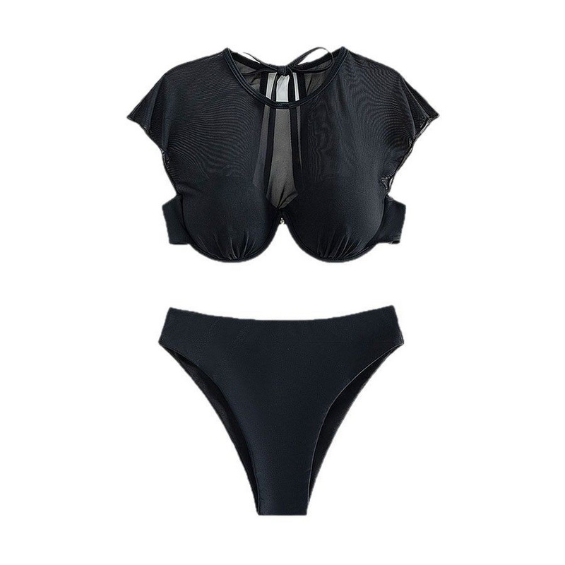 2025 Black Mesh Short Sleeve Cut-Out Two-Piece Bikini Set In Stock_4