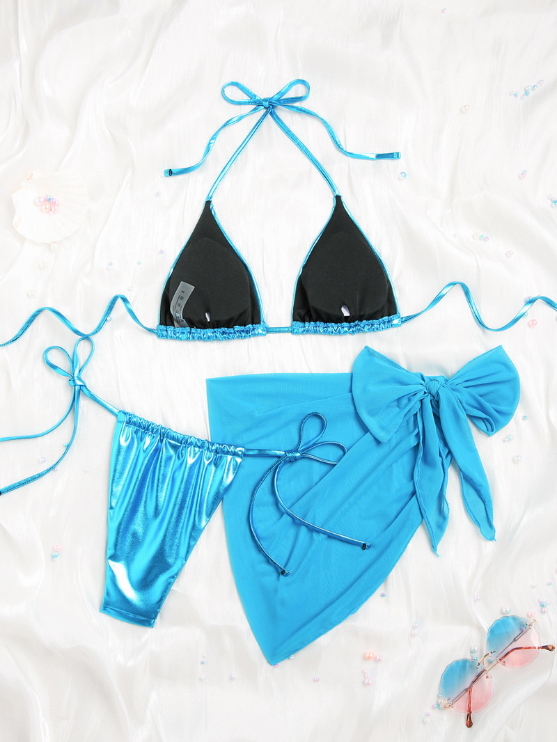 2025 New European Solid Bikini Set With Shiny PU Fabric, Mesh Skirt, And Sexy Halter_11