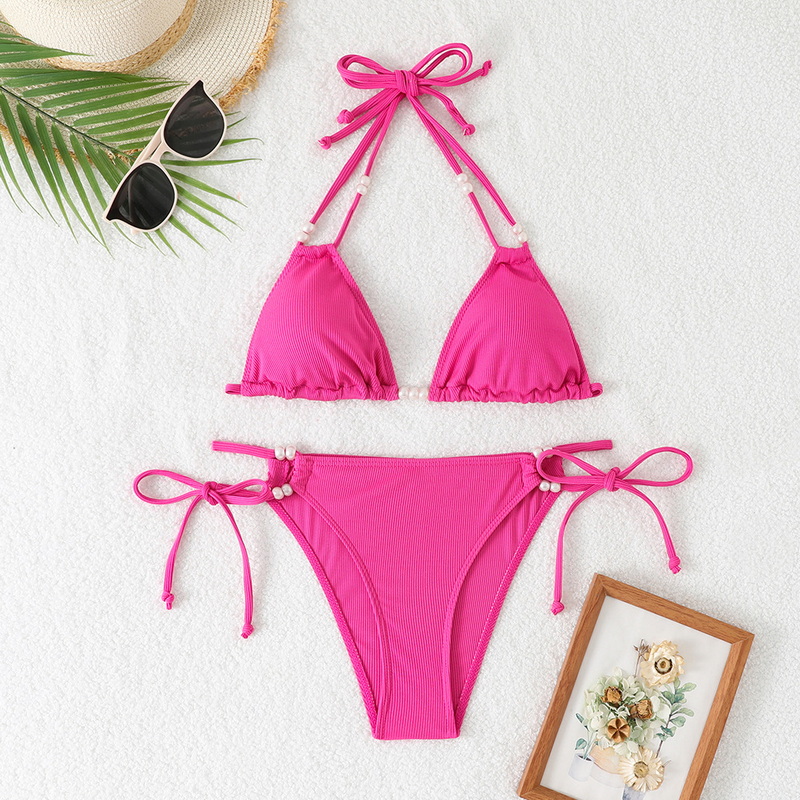 2025 Western Style Swimsuit &ndash; Solid Color Pearl Tie Sexy Bikini Set_05