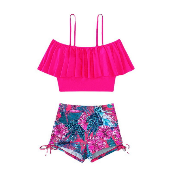 2025 New European and American Two-Piece Bikini Set Off-Shoulder High-Waist Printed Swimsuit