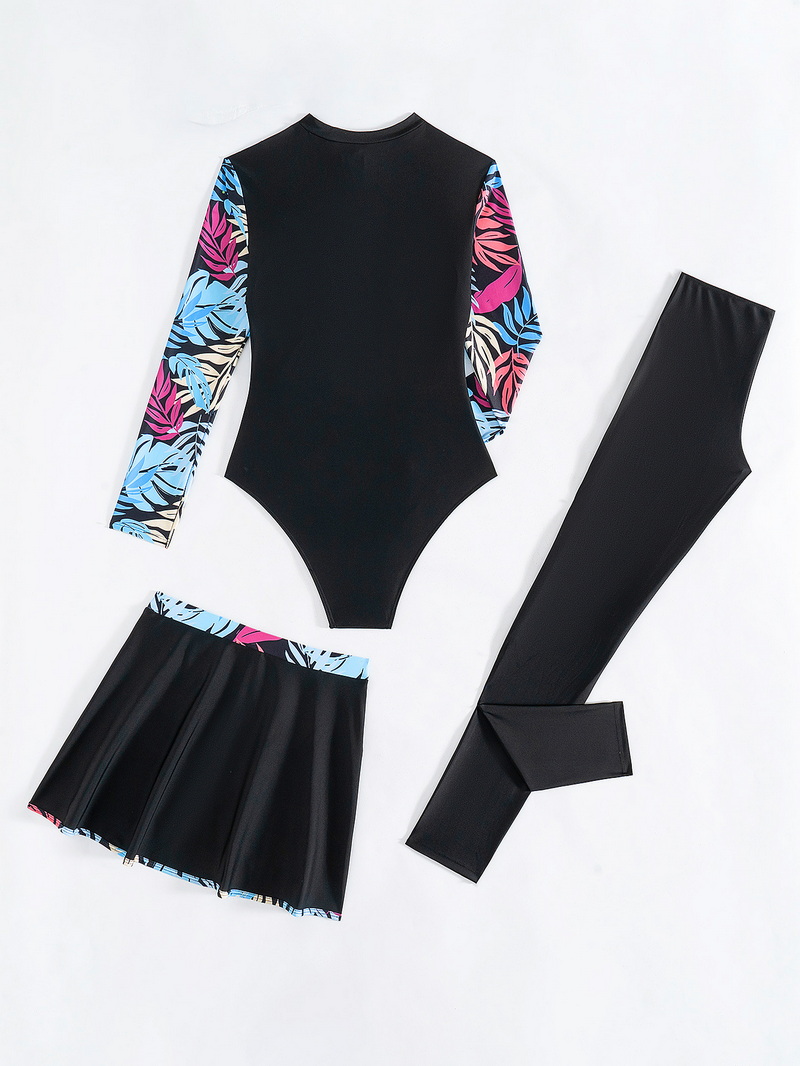 European and American Bikini Set with Long Sleeve Print and Short Skirt Muslim Three-Piece Swimsuit