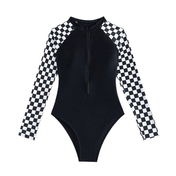 2025 New European and American One-Piece Bikini Long Sleeve Plaid Rash Guard Swimsuit_5