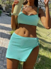 2025 New European and American Ruched Bikini Set Three-Piece Strapless Swimsuit with Skirt