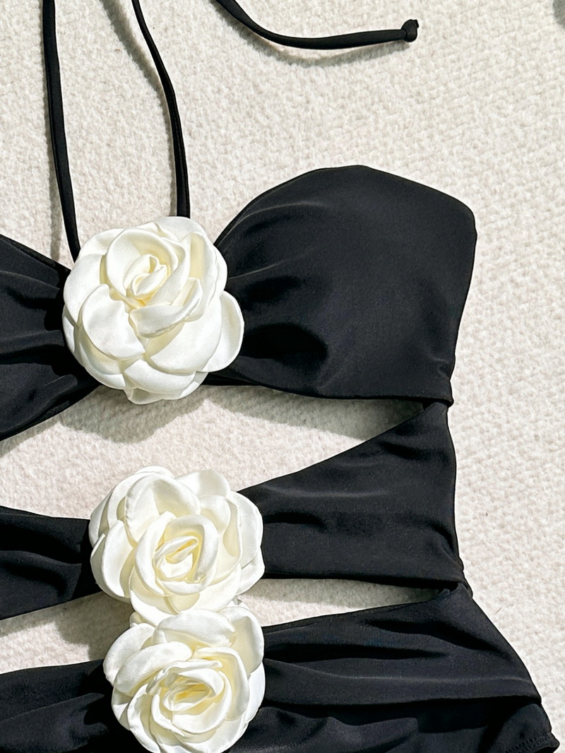 Sexy Solid Color Floral One-Piece Bikini - INS Style Beach Vacation Swimsuit_04