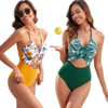 2025 New European Printed Leaf Patchwork One-Piece Swimsuit Swimwear