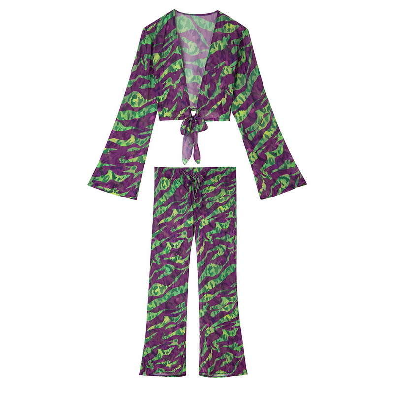 New Printed Stripe Tie-Dye Chiffon Beach Pants Set European Fashion_11