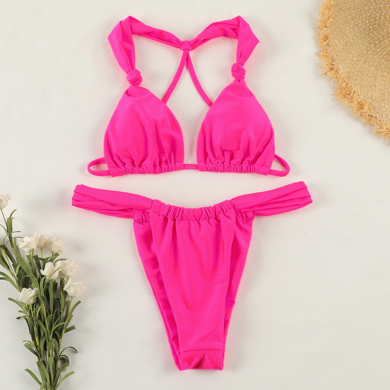 Solid Color Knot Tie Bikini Sexy Backless Double-Layer Fabric European_09