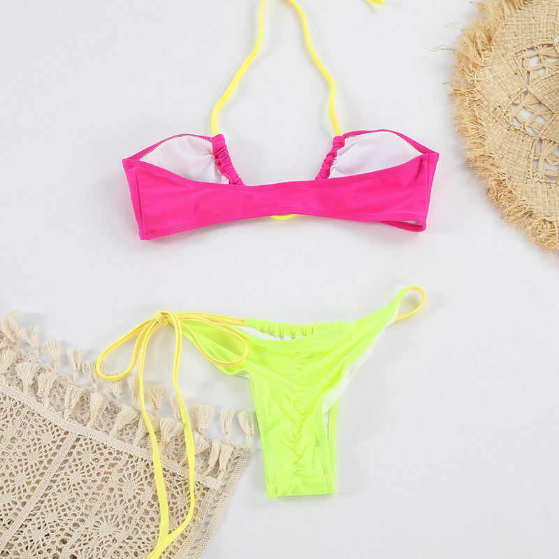 Glossy Nylon Colorblock Tie-Up Bikini Sexy Two-Piece Export Style_04