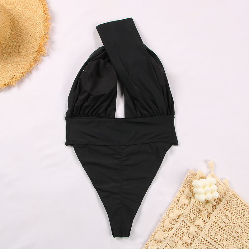 Solid One-Shoulder High-Waist One-Piece Swimsuit Sexy Cutout Bikini European Style_08