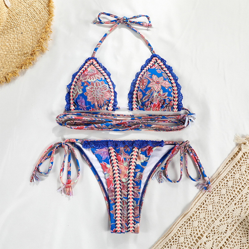 Lace Trim Strap Spliced Bikini Sexy Two-Piece Swimsuit For Women European Style