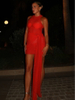 New Solid Color Halter Beach Dress Red Mesh Sexy Cover Up Dress