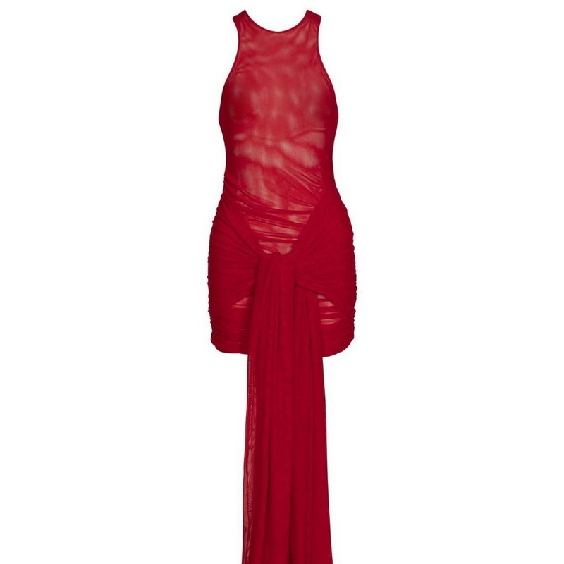 New Solid Color Halter Beach Dress Red Mesh Sexy Cover Up Dress