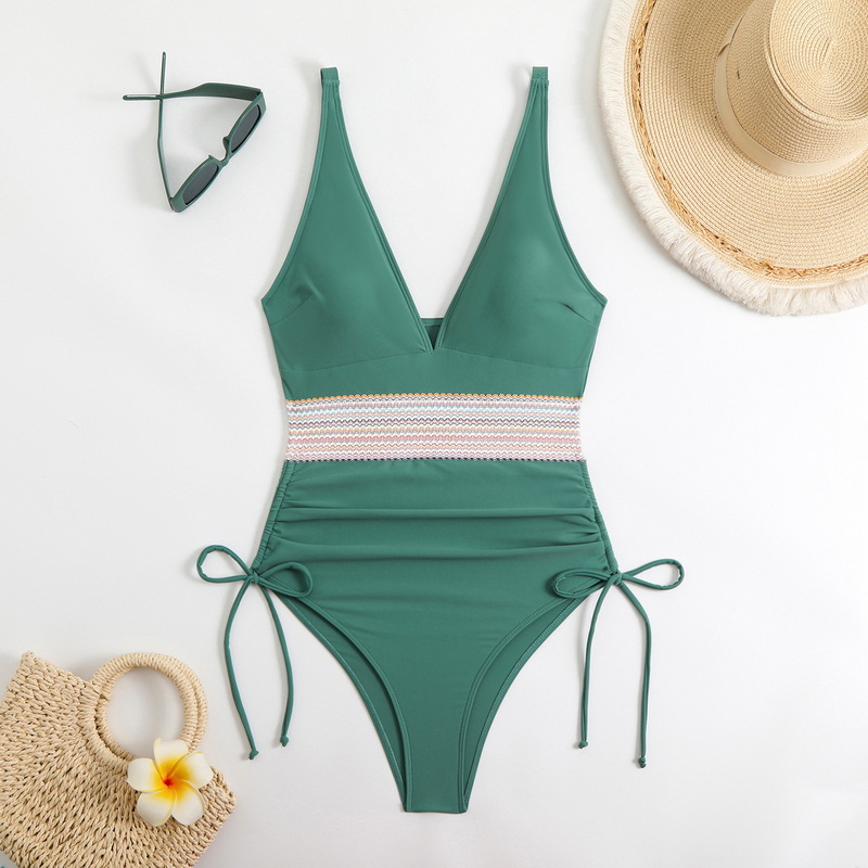 2025 New European Colorful Webbing One-Piece Plus Size Ruched Modest Triangle Swimsuit_06
