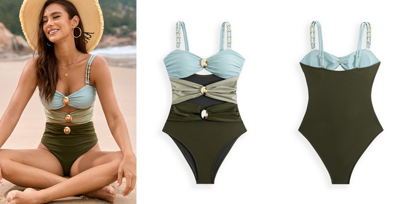 2025 New Solid Patchwork Metal Buckle One-Piece Swimsuit European Style_15