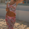Floral Mesh Spaghetti Strap Beach Skirt Set With Bow And Lace Detail