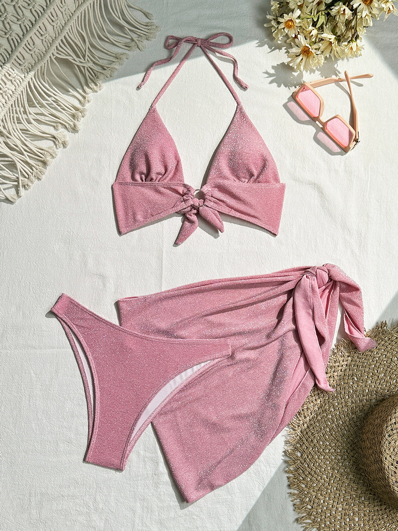 New Sexy Three-Piece Bikini Set - Solid Color Tie Beachwear for Vacation and Hot Springs