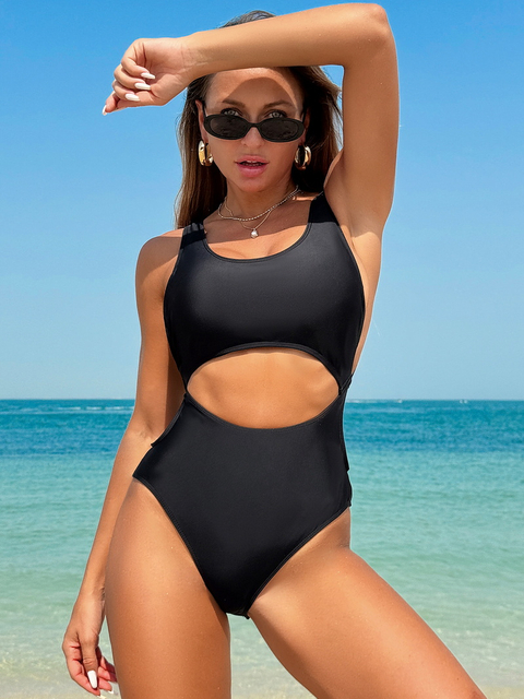Sexy Solid Color One-Piece Cutout Bikini - Women's Beach Swimwear