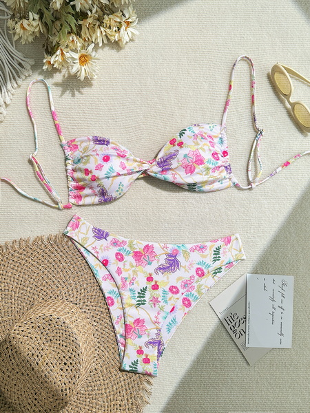 Floral Backless Two-Piece Bikini Set - Trendy Hot Spring Swimsuit for Women