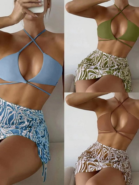 Printed Three-Piece Bikini Set - Includes Cover-Up Women's Swimwear