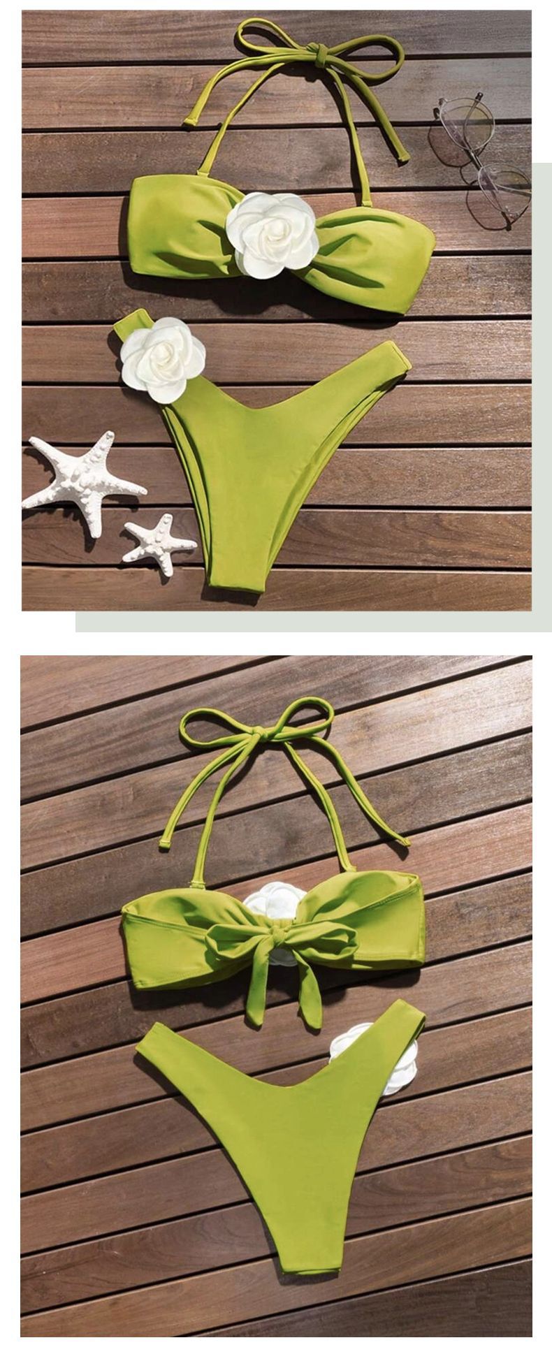 Sexy Solid Color Floral Bandeau Halter Bikini - Two-Way Wear Design_11