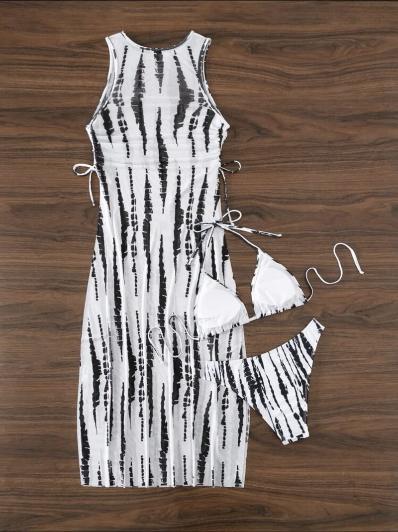 Sexy Three-Piece Long Mesh Dress Bikini Set - Printed Women's Swimwear