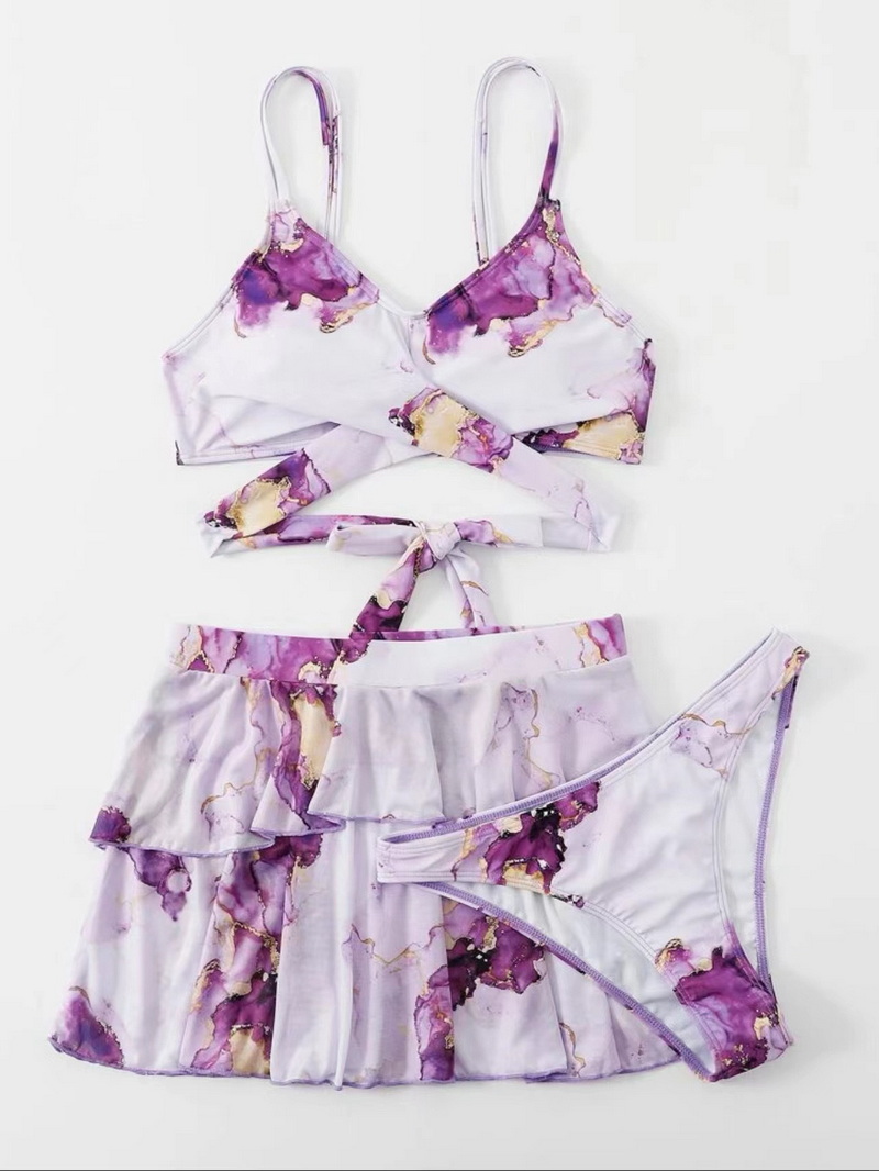Sexy Marble Print Three-Piece Bikini Set - Beach Skirt Swimsuit_17